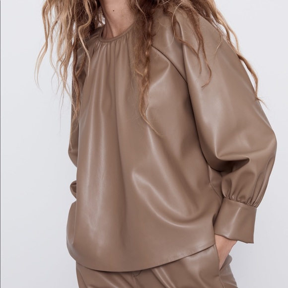 Zara | Tops | Zara Trf Camel Faux Leather Top | Poshmark